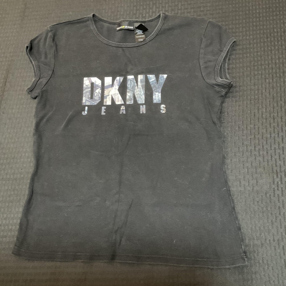 DKNY Jeans Shirt Womens Medium Black Logo Graphic Crewneck Cotton Tee Top